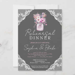 Country Lace Mason Jar Grey Rehearsal Dinner Invitation