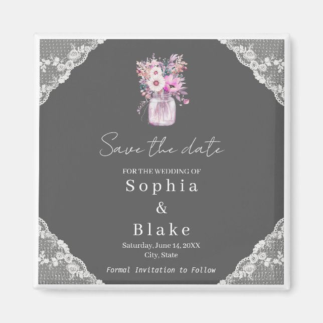 Country Lace Mason Jar Grey Save the Date Magnet (Front)