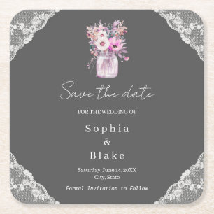 Country Lace Mason Jar Grey Save the Date Square Paper Coaster