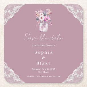 Country Lace Mason Jar Pink Save the Date Square Paper Coaster