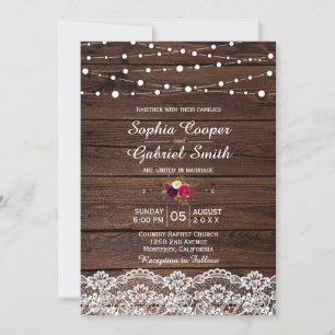 Country Lace String Lights Wood Wedding Invitation
