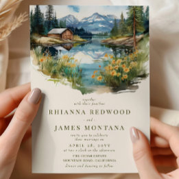 Country Lake and Barn Watercolor Wedding Invitation