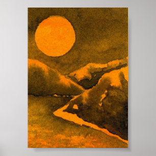 Country lake at night with hunters or harvest moon poster
