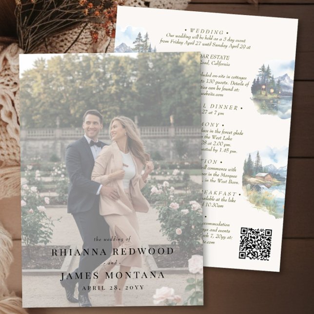 Country Lake Destination Wedding Details and Photo Invitation (Details qr code & photo wedding invitation from the Country Lake wedding collection by Darling & May)
