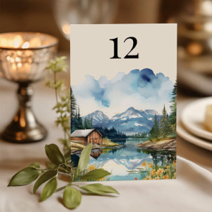 Country Lake Rustic Barn Watercolor Wedding Table Number