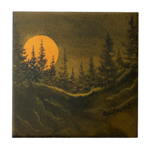 Country landscape nocturnal moon and pines tile. tile