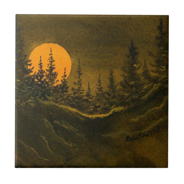 Country landscape nocturnal moon and pines tile. tile (Front)
