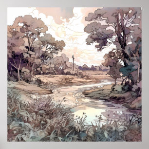 Country Landscape Watercolor  Poster