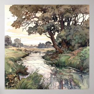 Country Landscape Watercolor Poster