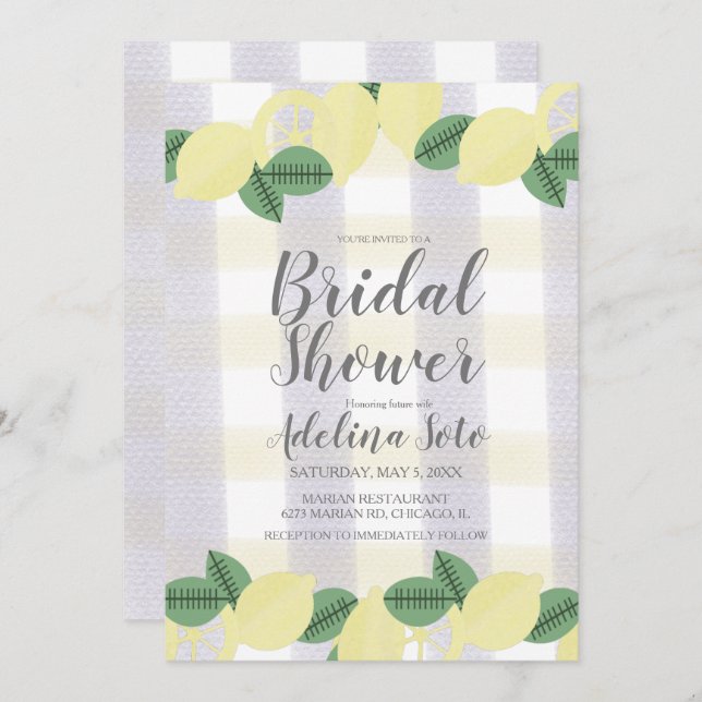 Country Lemon Boho Watercolor Plaid Bridal Shower Invitation (Front/Back)