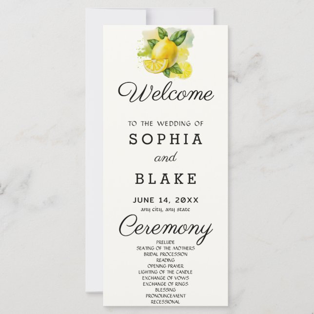 Country Lemon Greenery White Cream Wedding Program (Front)