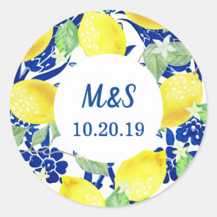 Country Lemons &  Blue Floral Couple's Initials Classic Round Sticker