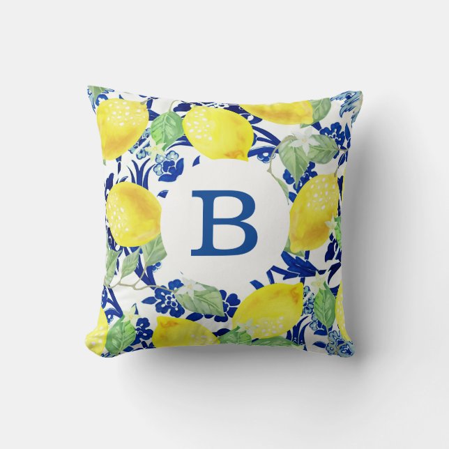 Country Lemons & Blue Floral | Monogram Cushion (Front)