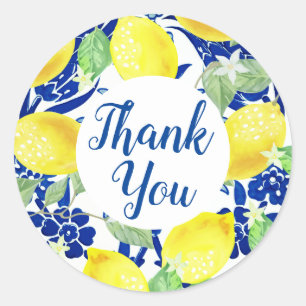 Country Lemons &  Blue Floral Thank You Classic Round Sticker