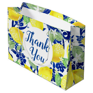 Country Lemons & Blue Floral Thank You Large Gift Bag