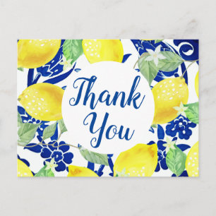 Country Lemons & Blue Floral Thank You Script Postcard