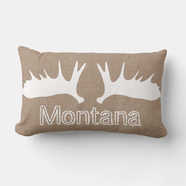 Country Light Burlap White Moose Antlers Custom Lumbar Cushion (Front)