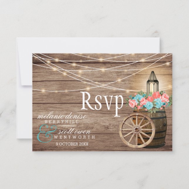 Country Light Teal and Coral - Wood Barrel RSVP Card (Front)