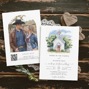 Country Lil White Chapel Watercolor Rustic Wedding Invitation