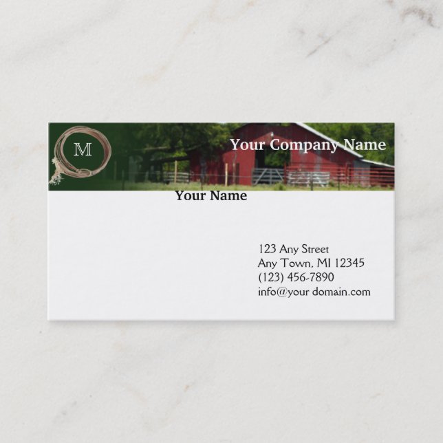 Country Living Red Barn Lasso Monogram Header Business Card (Front)