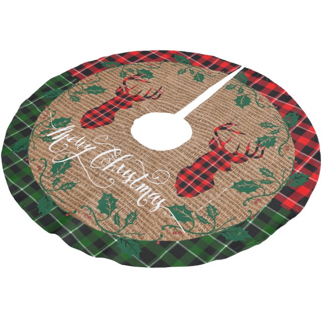 Country Log Cabin - Plaid Deer Heads on Burlap Brushed Polyester Tree Skirt (Angled)