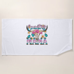 Country Mama Retro Groovy Cow Skull Country Rodeo  Beach Towel