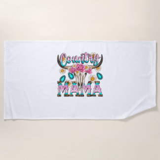 Country Mama Retro Groovy Cow Skull Country Rodeo  Beach Towel