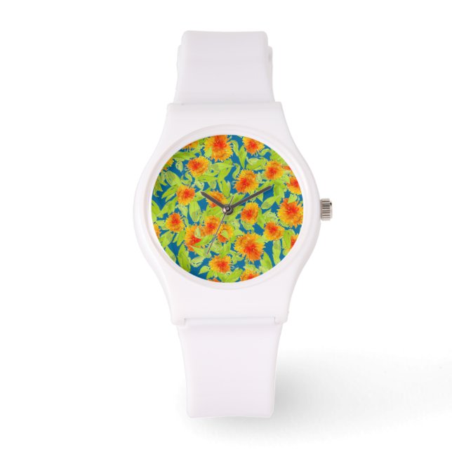 Country Marigolds on Blue Sporty White Wristwatch (Front)