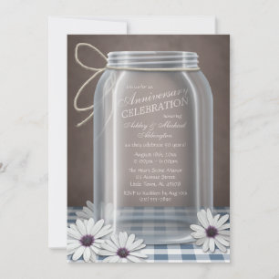 Country Mason Jar Blue Gingham Anniversary Invitation