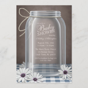 Country Mason Jar Blue Gingham Baby Shower Invitation