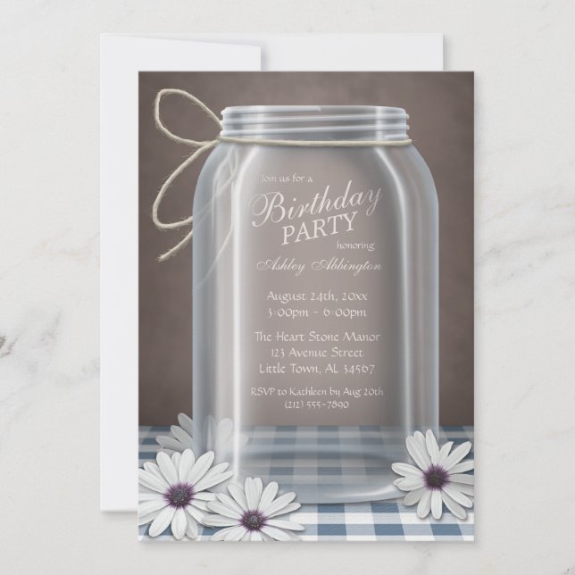 Country Mason Jar Blue Gingham Birthday Party Invitation (Front)