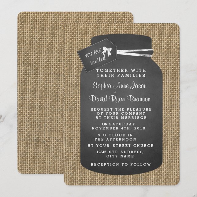 Country Mason Jar Burlap Wedding Invitations (Front/Back)