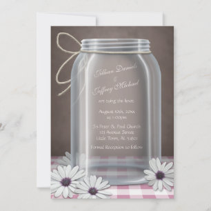 Country Mason Jar Daisy Pink Gingham Wedding Invitation