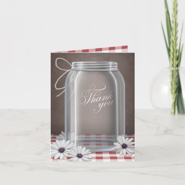 Country Mason Jar Daisy Red Gingham Thank You card (Front)