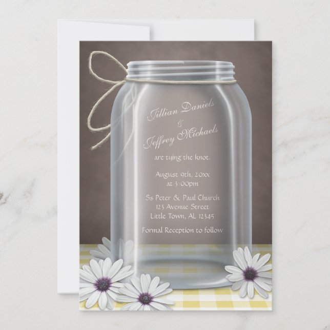 Country Mason Jar Daisy Yellow Brown Wedding Invitation (Front)
