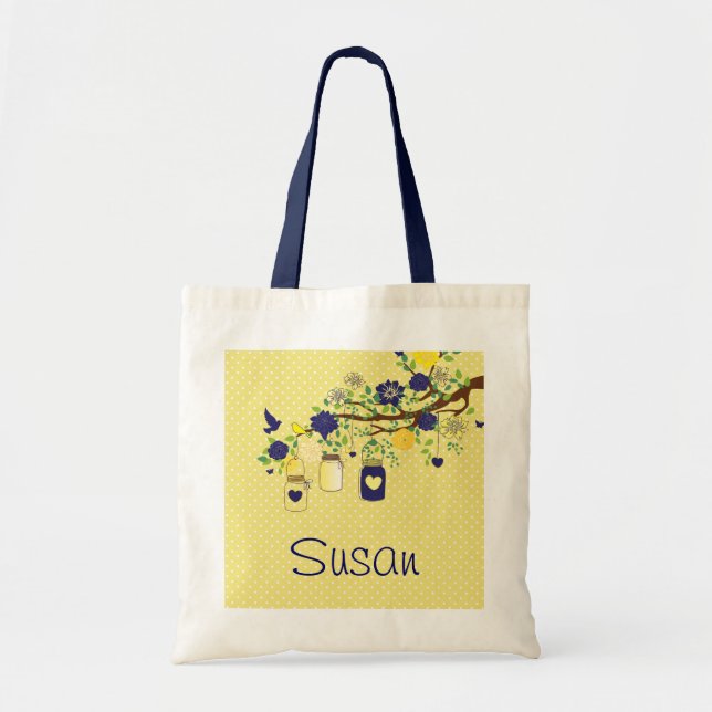 Country Mason Jar Navy Blue and Yellow Tote Bag (Front)