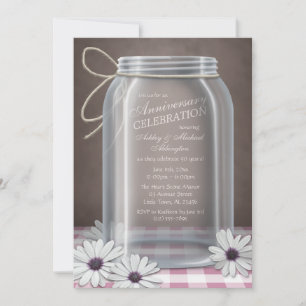 Country Mason Jar Pink Gingham Anniversary Invitation