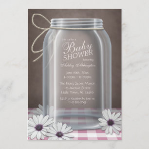 Country Mason Jar Pink Gingham Baby Shower Invitation