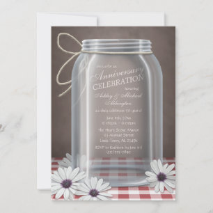 Country Mason Jar Red Gingham Anniversary Invitation