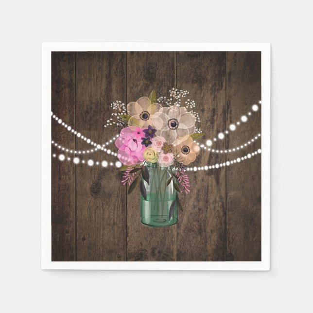 Country Mason Jar Wood Flower Wedding Reception Napkin (Front)