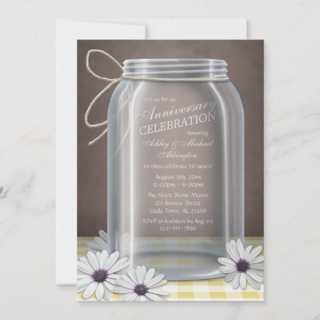 Country Mason Jar Yellow Gingham Anniversary Invitation (Front)