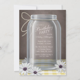 Country Mason Jar Yellow Gingham Birthday Party Invitation