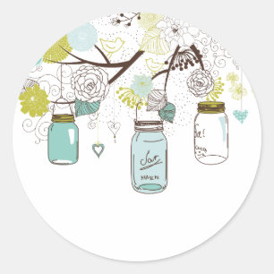 Country Mason Jars Blue Flowers Classic Round Sticker