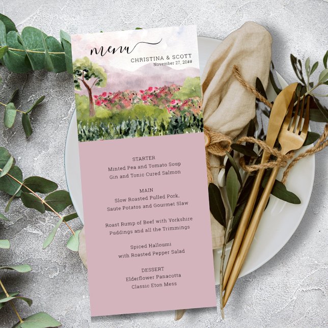 Country Meadow Watercolor Dusty Rose Wedding Menu (Creator Uploaded)