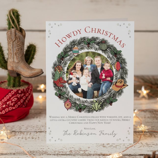 Country Merry Christmas Family Xmas Holiday Card (Western Christmas Card. Pine Wreath, Vintage Ornaments, Family Photo, Stars. Hand Drawn Illustration)