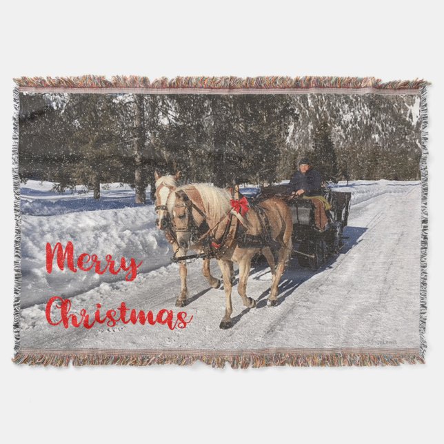 Country Merry Christmas Horses Sled Rustic Snow Throw Blanket (Front)