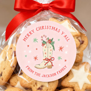 Country Merry Christmas Y'all Cowboy Boot Gift Classic Round Sticker