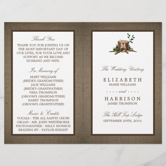 Country Monogram Tree &amp; Burlap Wedding Program (Front)