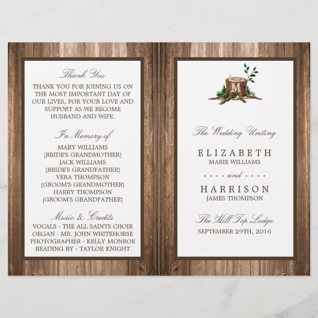 Country Monogram Tree & Wood Wedding Program (Front)