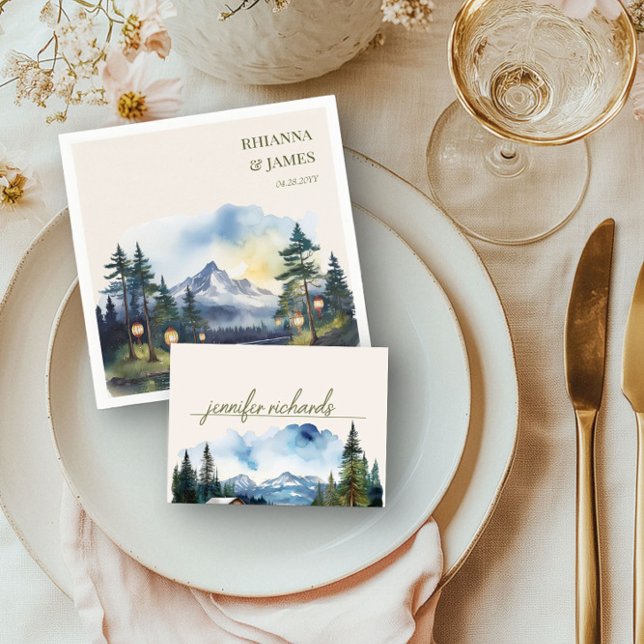 Country Mountain Forest Watercolor  Place Card (Table Place Card from the Country Lake wedding collection by Darling & May)